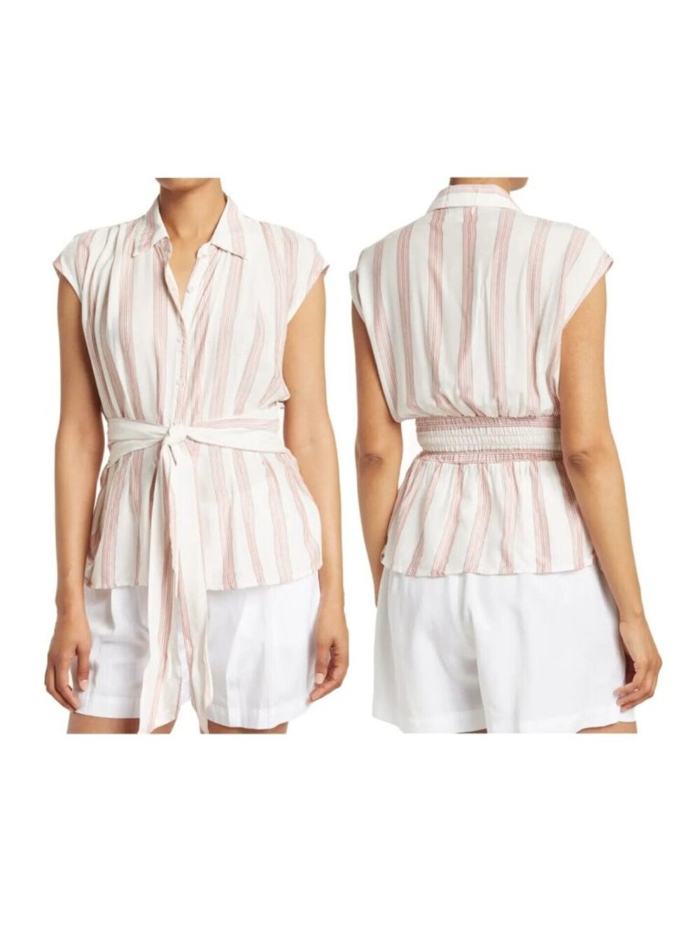 ⭐Womens Sz L Striped Cap Sleeve Button Front Blouse Tie Waist Peplum Shirt Top